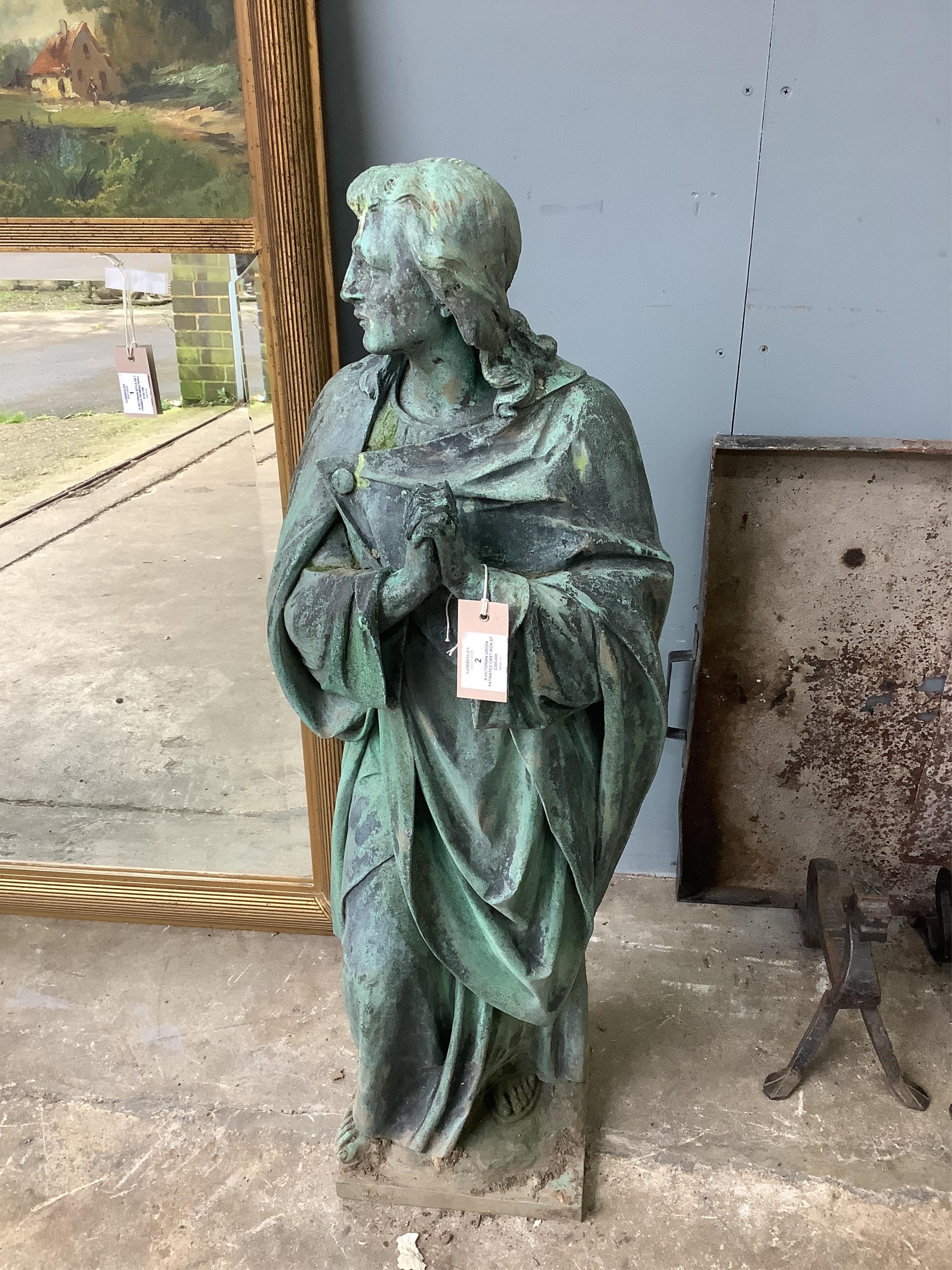 A Victorian green patinated cast iron statue of a saint in prayer, height 92cm. Condition - poor to fair